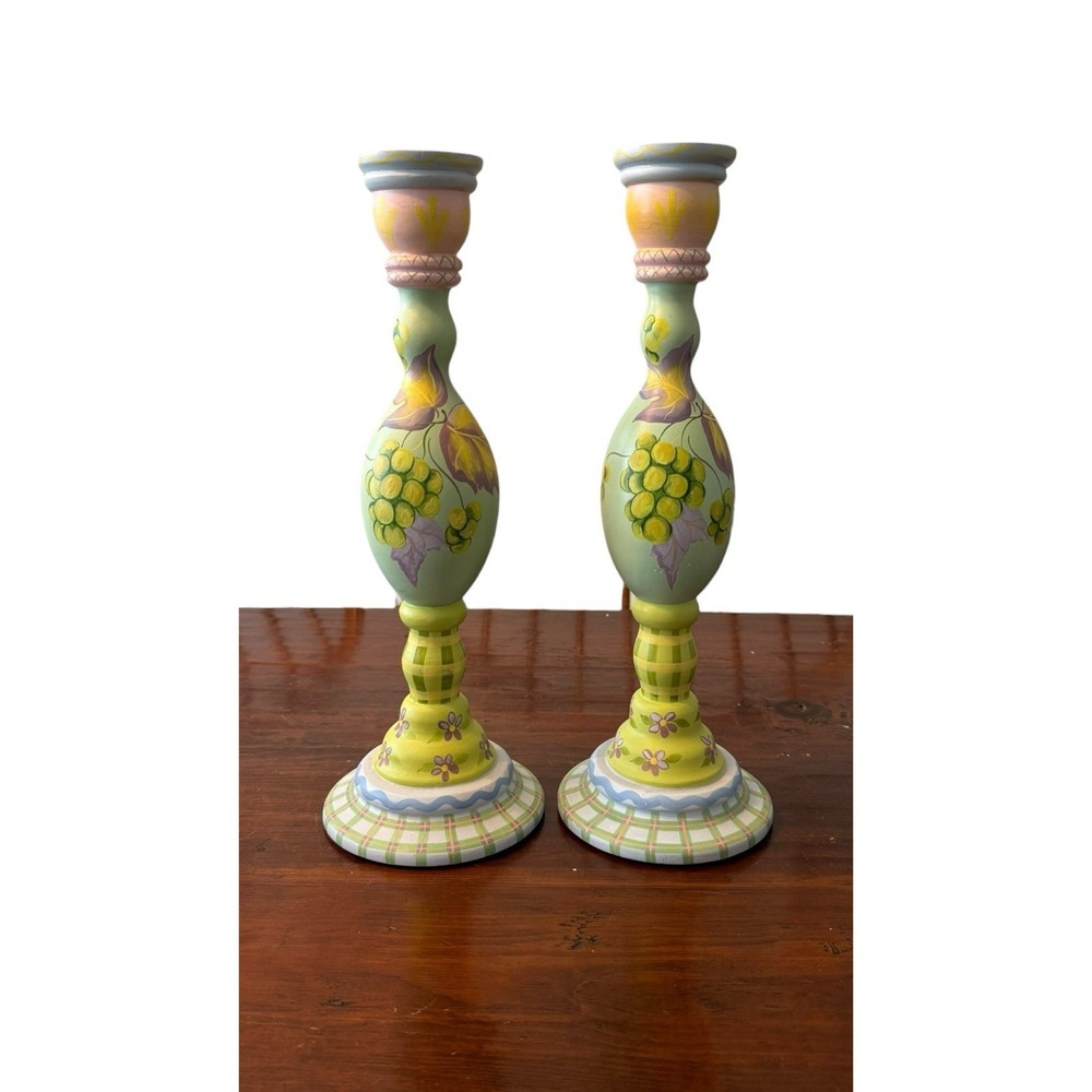 Vtg Tracy Porter Wood Candle Sticks Hand Painted 2/87 Pair Floral Signed 15" EUC